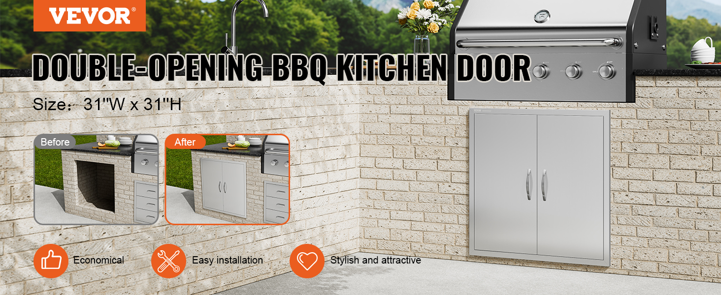 VEVOR double-opening bbq kitchen door, 31"w x 31"h, installed in outdoor brick grill station.