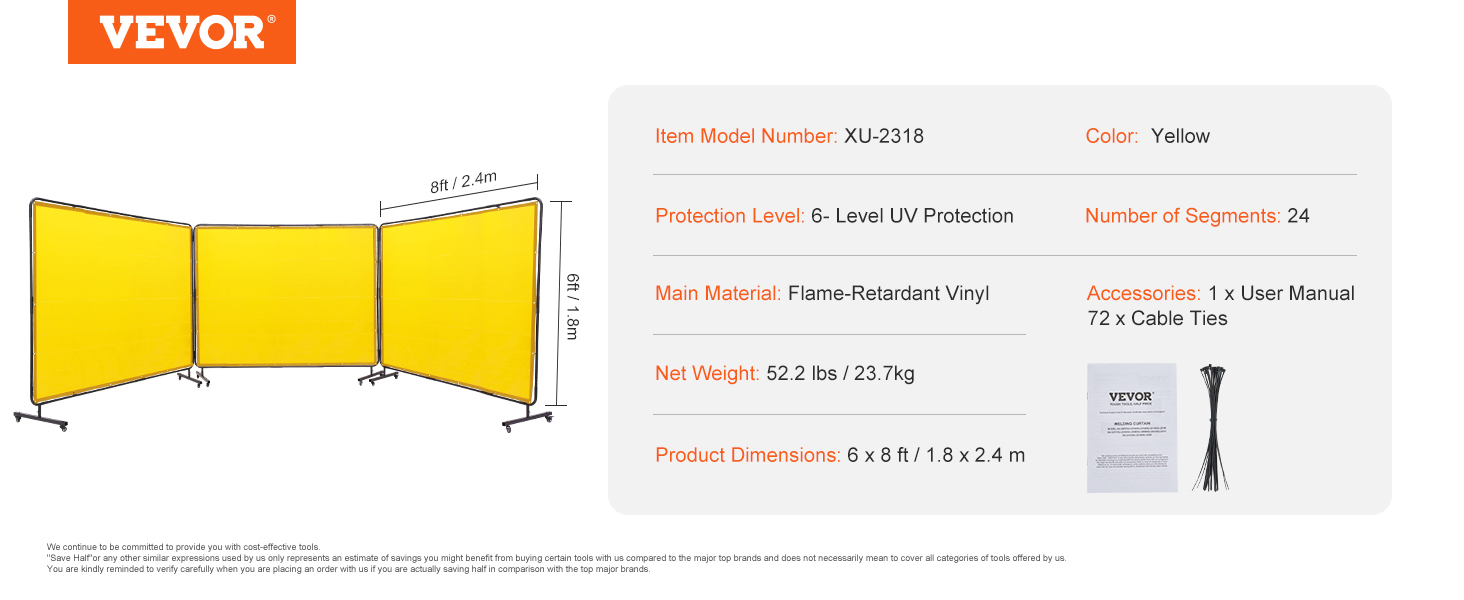 VEVOR metināšanas ekrāns, dzeltens, liesmu slāpējošs vinils, 6x8 pēdas, ar UV aizsardzību, 24 segmenti, 52,2 mārciņas.
