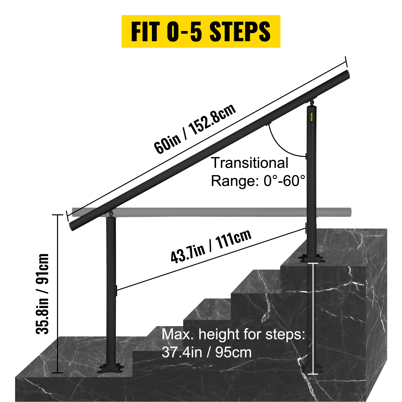 VEVOR 5 ft. Outdoor Stair Railing Fits 4-5 Steps Adjustable Angle Aluminum  Stair Handrails for Outdoor Steps, Black SNLZSLZYGL5FT1GTPV0 - The Home  Depot