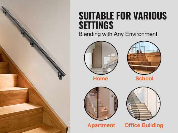 VEVOR Handrail Stair Railing, 12 ft, Wall Mount Handrails for Indoor ...