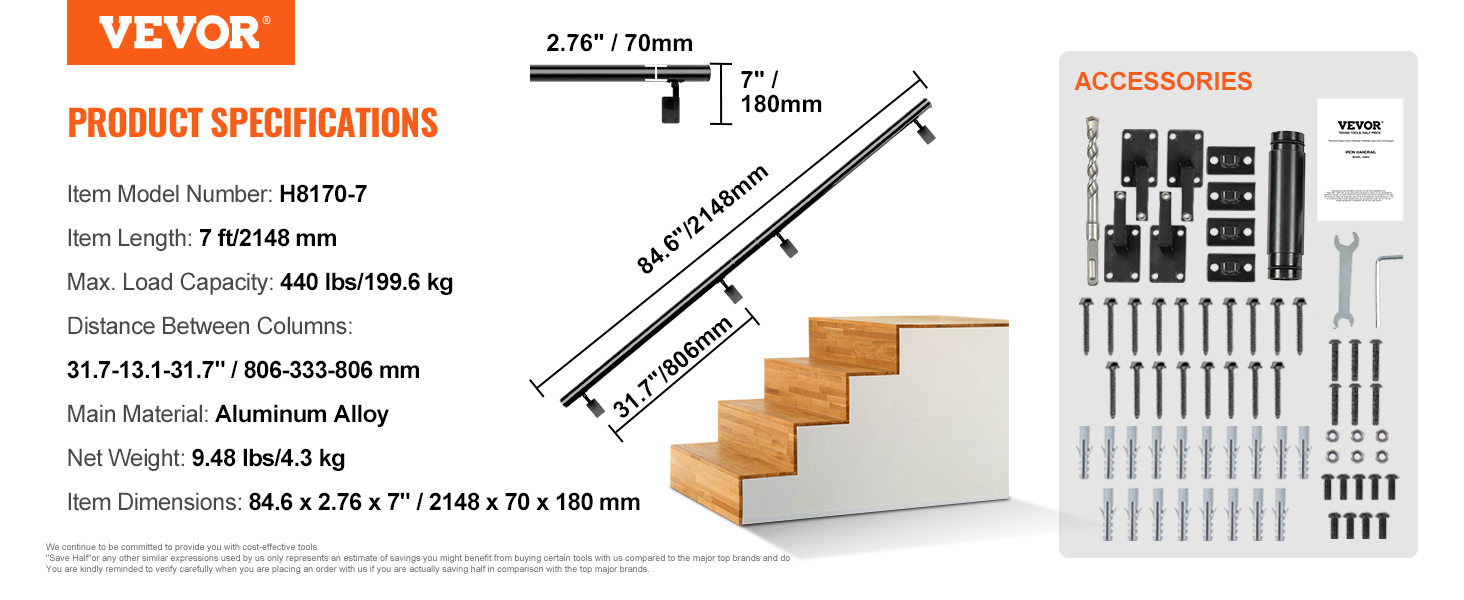 Wall-Mount Stair Handrail,7 ft,Aluminum Alloy
