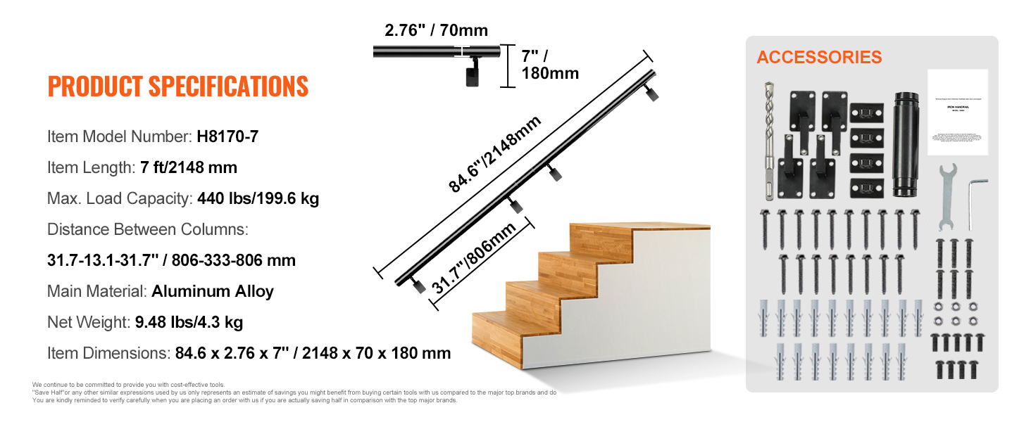 Uimoso 7 ft Wall-Mounted Handrail Stair Aluminum Alloy w/ Installation Kit  | eBay