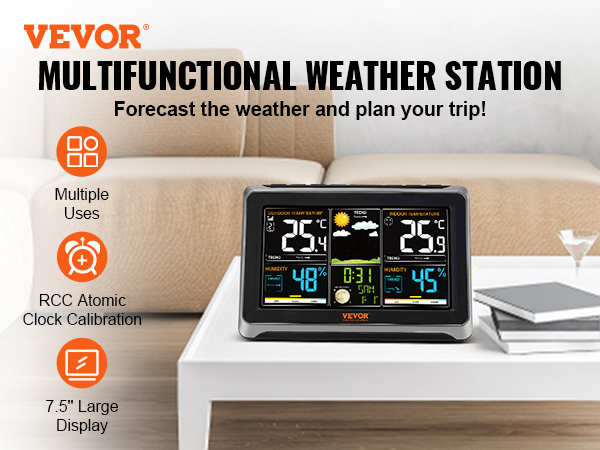 VEVOR VEVOR 7-in-1 Wireless Weather Station, 7.5 in Large Color Display,  Digital Home Weather Station Indoor Outdoor, for Temperature Humidity Wind  Speed/Direction Rain UV, with Forecast Data, Alarm, Alerts