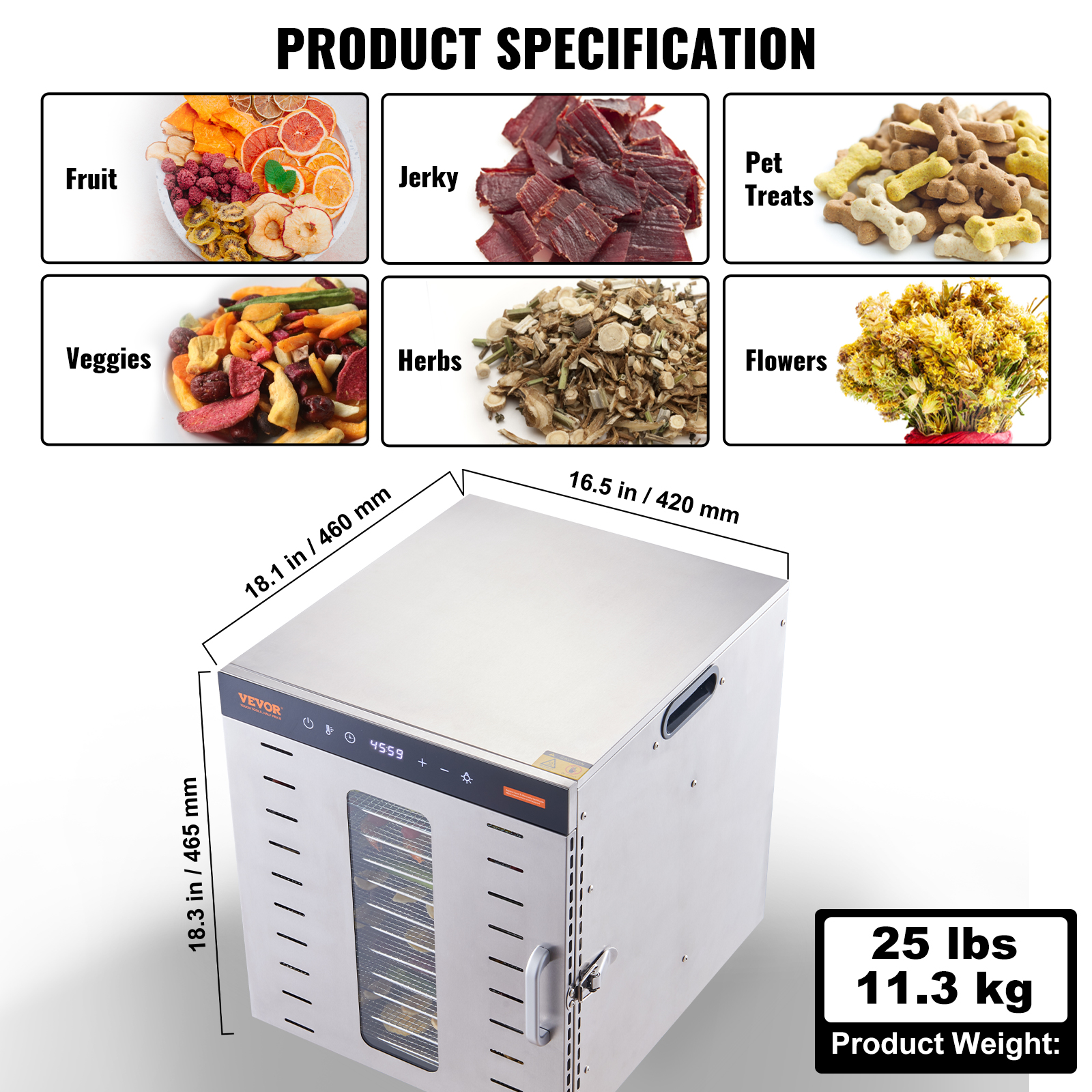 VEVOR 6/10 Trays Food Dehydrator Machine Stainless Steel Jerky Fruit Drying - Imagen 9 de 38