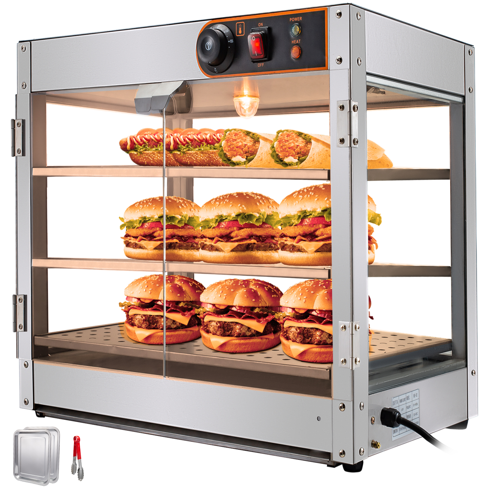 Vitrine Chauffante Commerciale 3 Niveaux - 1500W, Capacité 180L, Réglage 30-85°C - Pour Hamburgers, Pizzas, Restauration - Avec éclairage LED