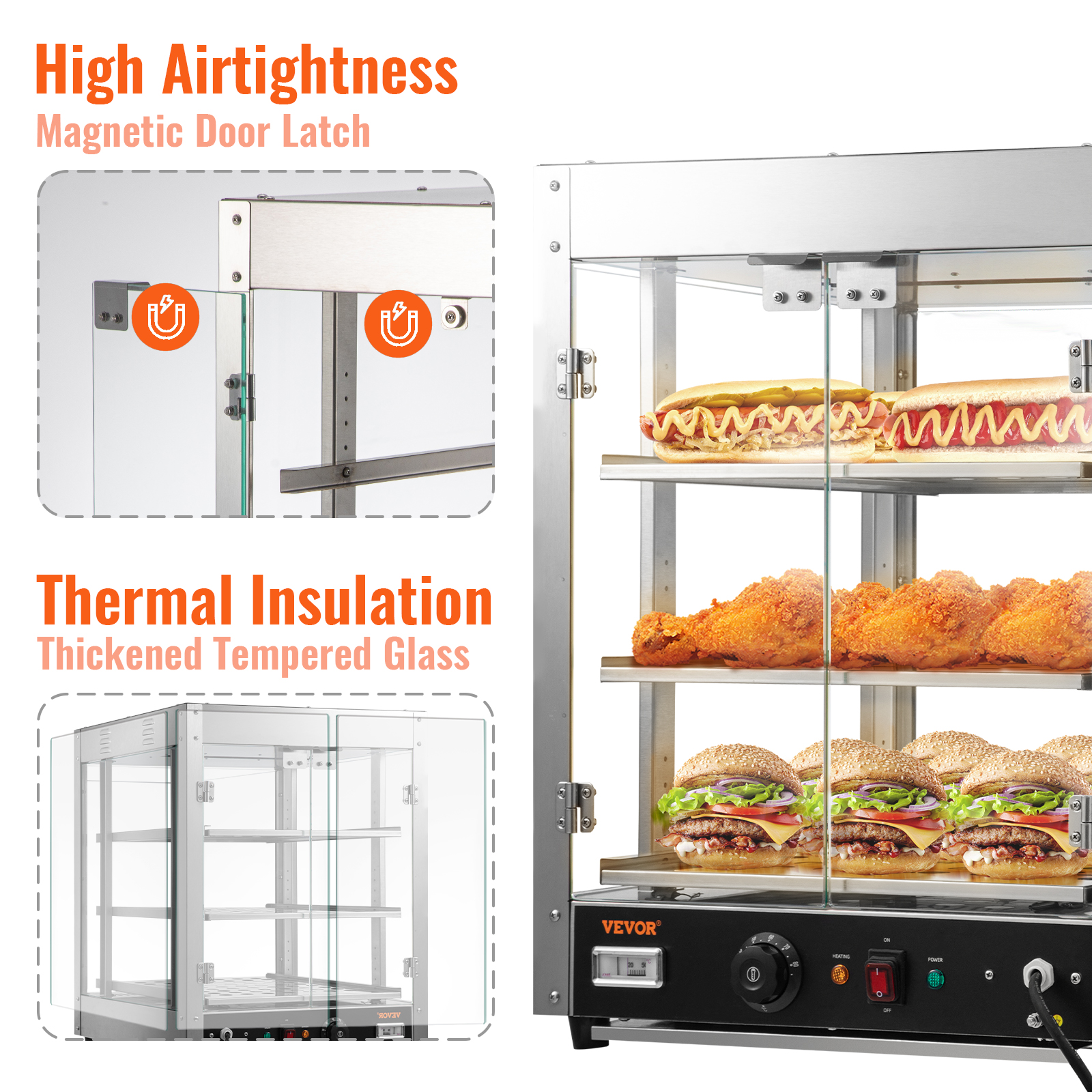 VEVOR 3-Tier Commercial Food Warmer Countertop Pizza Cabinet with Water  Tray