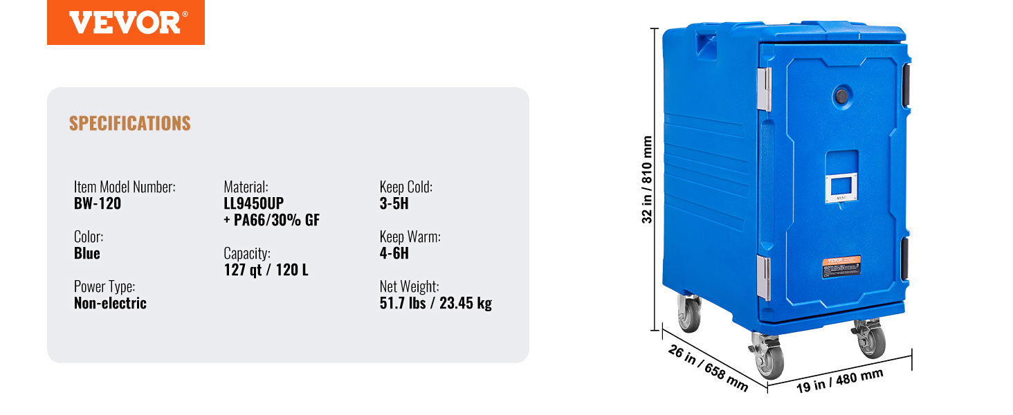 Insulated Food Pan Carrier,127Qt,w/ Wheels,Blue
