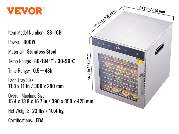 VEVOR Food Dehydrator Machine w/6 Stainless Steel Trays, 700-Watts Silver Food  Dryer w/Adjustable Temperature, ETL Listed SPFG60548700WJZC7V1 - The Home  Depot