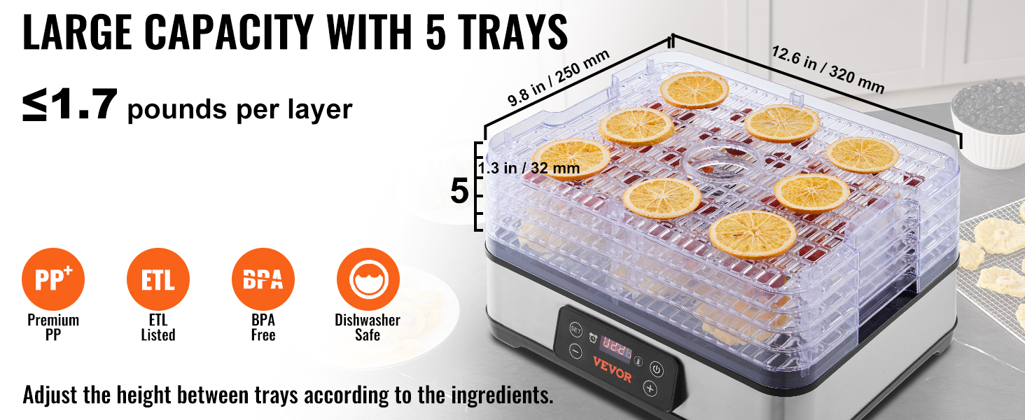 5 Trays Food Dehydrator Machine Adjustable Timer 300W Jerky Fruit Drying