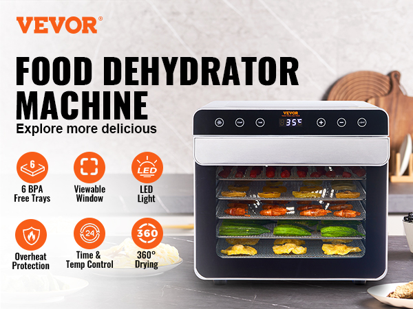 VEVOR Food Dehydrator Machine, 6 Stainless Steel Trays, 700W Electric Food  Dryer w/ Digital Adjustable Timer & Temperature for Jerky, Herb, Meat,  Beef, Fruit, Dog Treats and Vegetables, ETL Listed