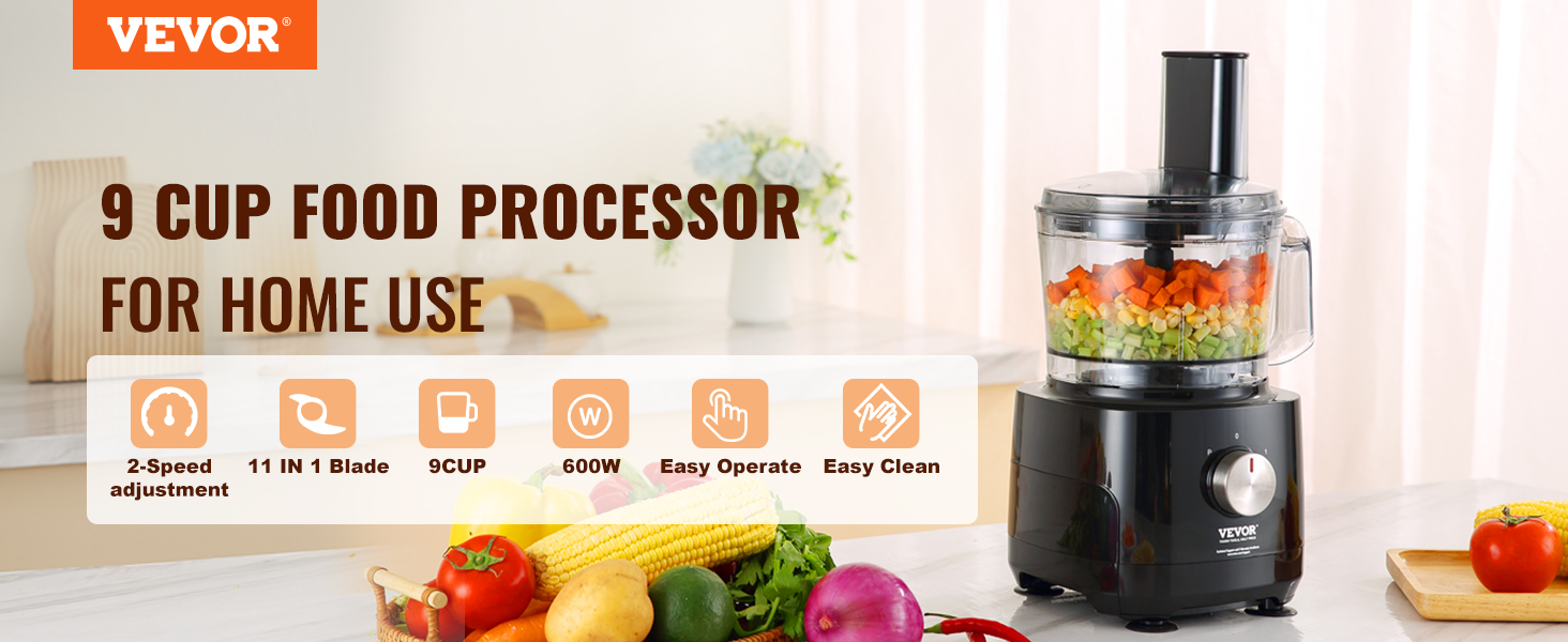 VEVOR Food Processor, 9 Cup Small Vegetable Chopper, 600 Watts 2 Speed  Electric Meat Processors, 10Pcs Blade & Disc, Built-in Storage Drawer,  Large