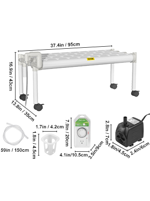 VEVOR Hydroponics Growing System, 36 Sites 4 Food-Grade PVC-U Pipes, 1 Layer Indoor Planting Kit with Water Pump, Timer, Nest Basket, Sponge for Fruits, Vegetables, Herb, White