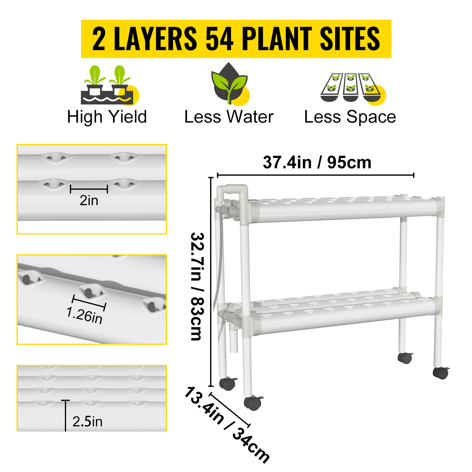 VEVOR Hydroponics Growing System, 54 Sites 6 Food-Grade PVC-U Pipes, 2 Layers Indoor Planting Kit with Water Pump, Timer, Nest Basket, Sponge for Fruits, Vegetables, Herb, White