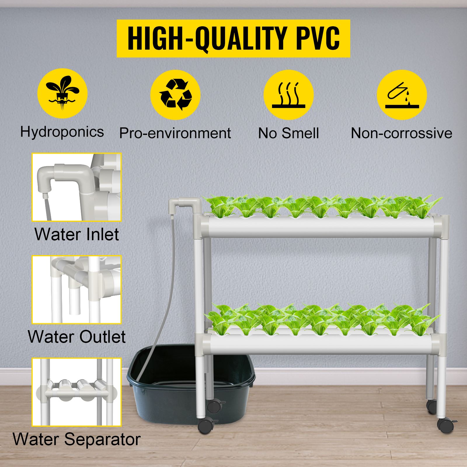 VEVOR Hydroponics Growing System, 54 Sites 6 Food-Grade PVC-U Pipes, 2 Layers Indoor Planting Kit with Water Pump, Timer, Nest Basket, Sponge for Fruits, Vegetables, Herb, White
