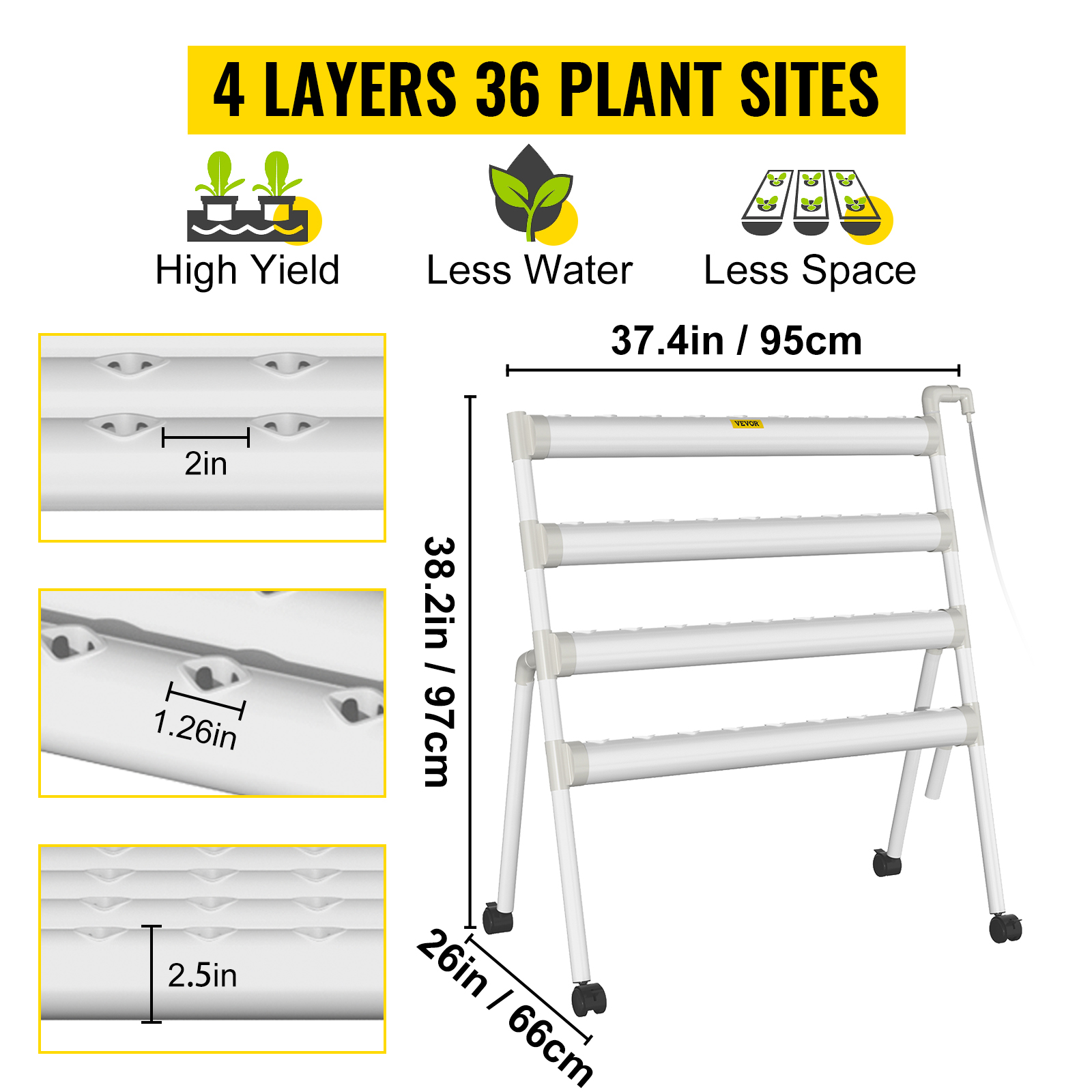 VEVOR Hydroponics Growing System, 36 Sites 4 Food-Grade PVC-U Pipes, 4 Layers Indoor Planting Kit with Water Pump, Timer, Nest Basket, Sponge for Fruits, Vegetables, Herb, White