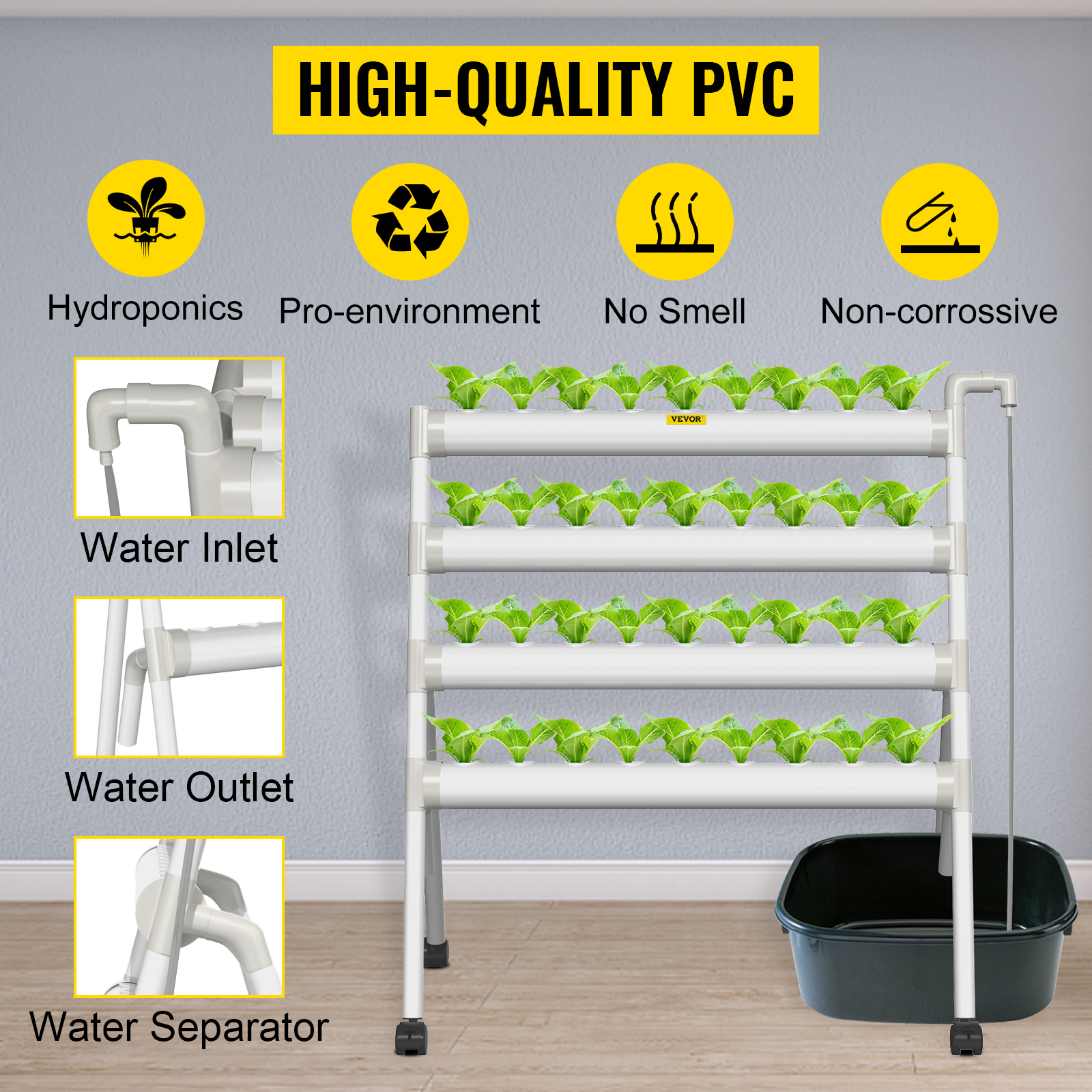 VEVOR Hydroponics Growing System, 36 Sites 4 Food-Grade PVC-U Pipes, 4 Layers Indoor Planting Kit with Water Pump, Timer, Nest Basket, Sponge for Fruits, Vegetables, Herb, White