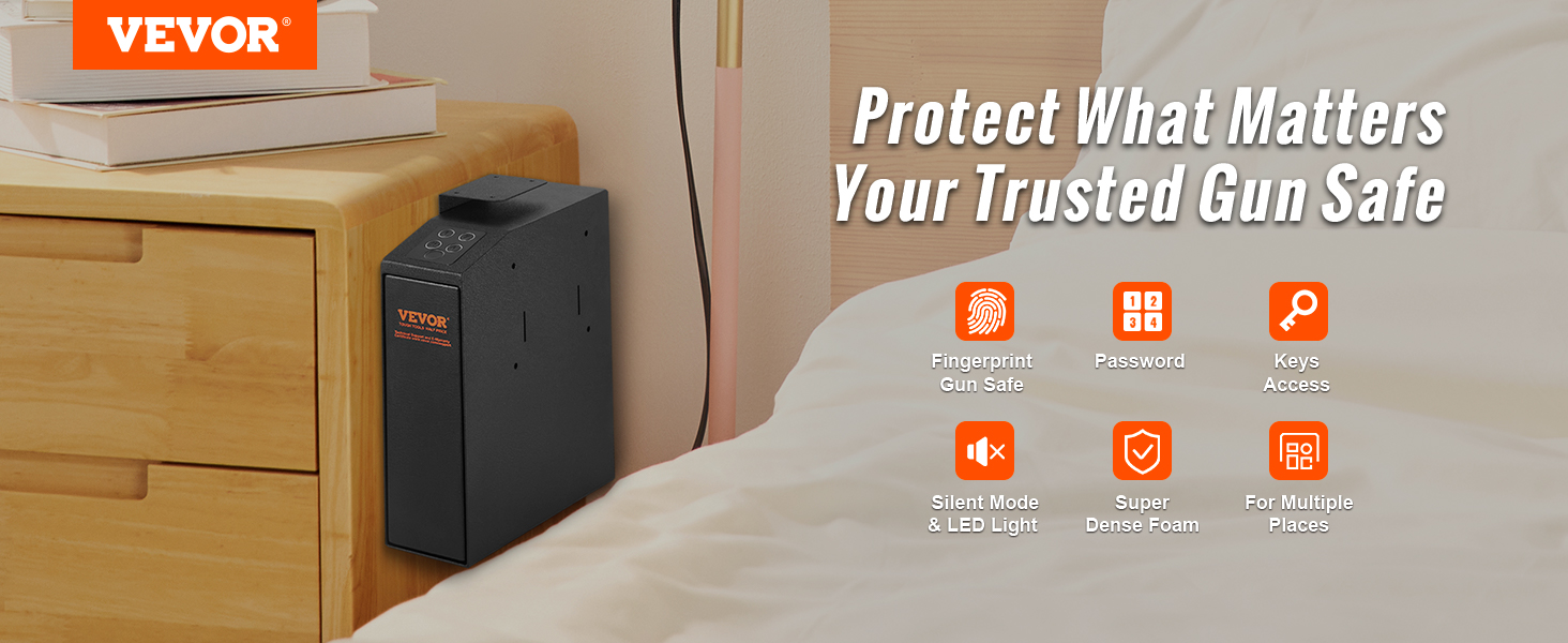 VEVOR mounted biometric gun safe beside a wooden nightstand with various access options displayed.