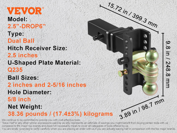 VEVOR Adjustable Trailer Hitch, 6-Inch Drop & 4.5-Inch Rise Hitch Ball ...