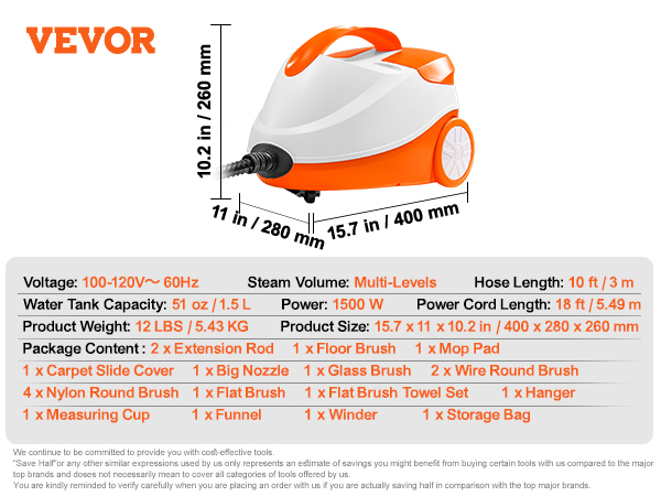 VEVOR Steam Cleaner for Home Use, Portable Steam Cleaner with 20 Accessories, 51oz Tank & 18ft Power Cord, Steamer for Deep Cleaning Floors, Windows, Grout, Grills, Cars, and More