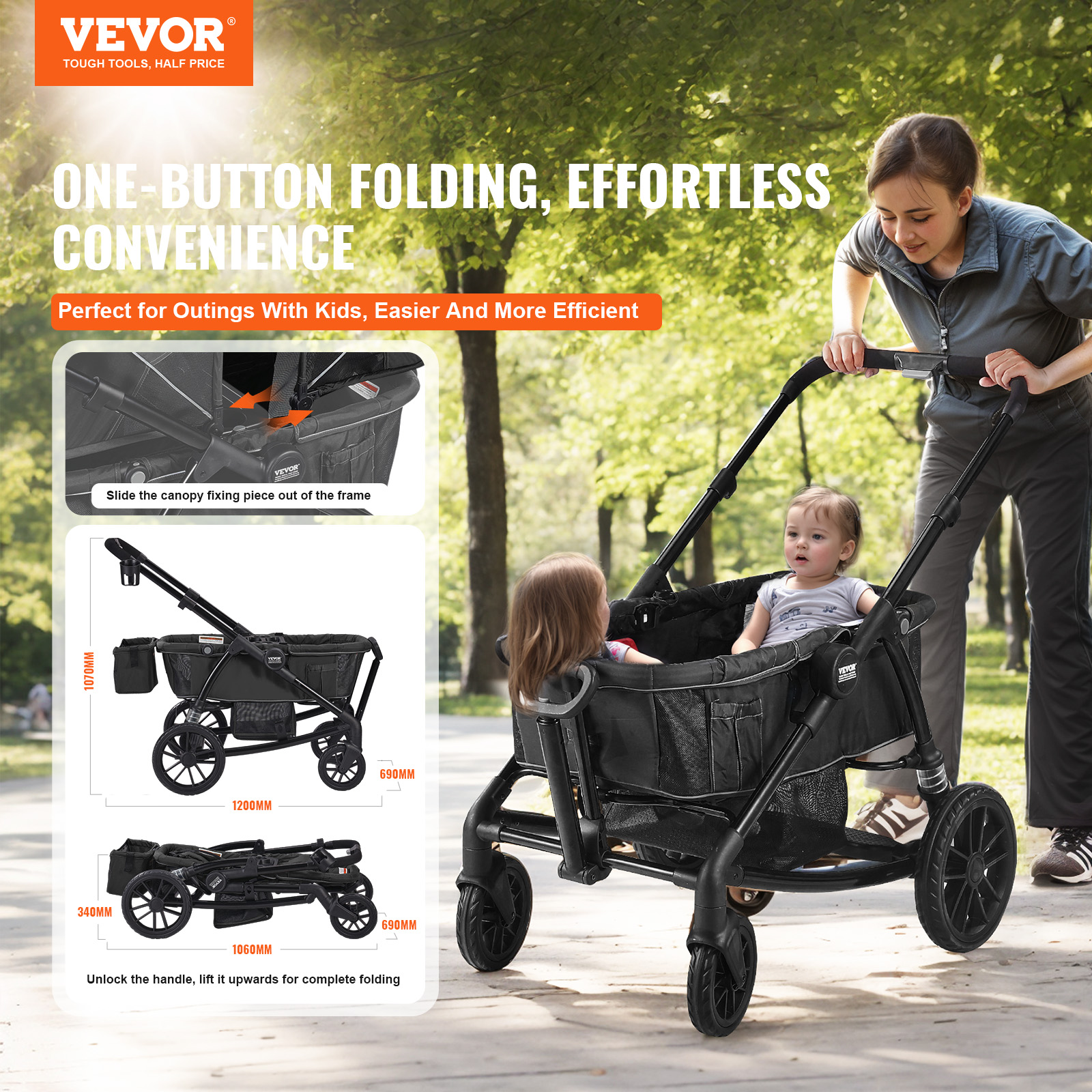 VEVOR Stroller Wagon for 2 Kids Collapsible Toddler Wagon 2 Seat w/ Canopy