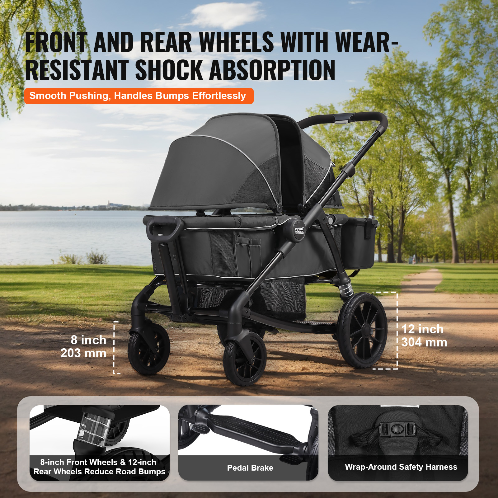 VEVOR Stroller Wagon for 2 Kids Collapsible Toddler Wagon 2 Seat w/ Canopy