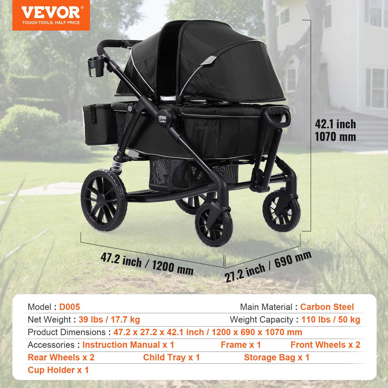 VEVOR Stroller Wagon for 2 Kids Collapsible Toddler Wagon 2 Seat w/ Canopy