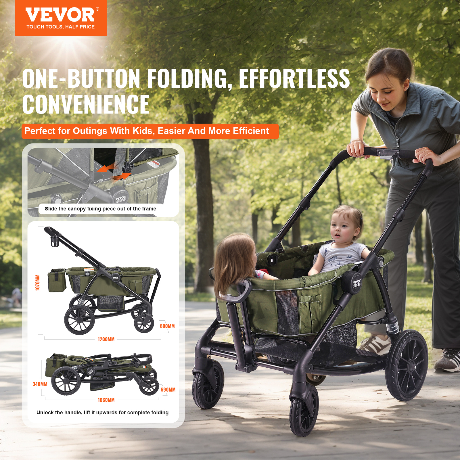 VEVOR Stroller Wagon for 2 Kids Collapsible Toddler Wagon 2 Seat w/ Canopy