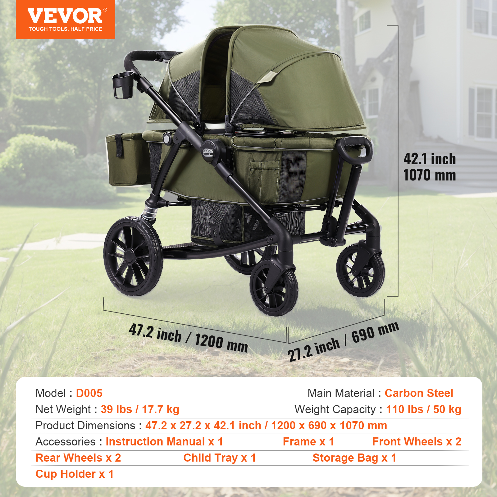 VEVOR Stroller Wagon for 2 Kids Collapsible Toddler Wagon 2 Seat w/ Canopy