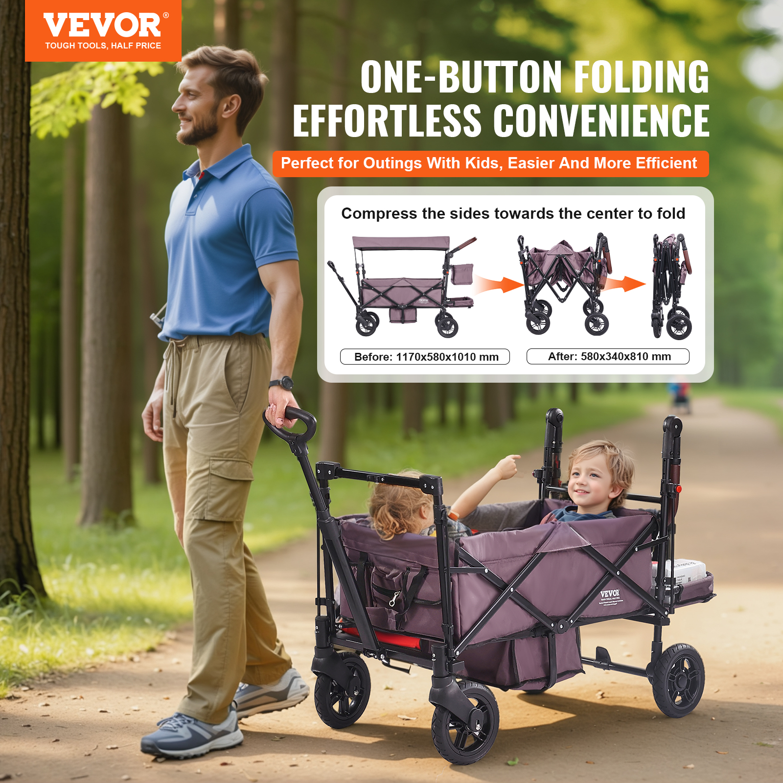 VEVOR Stroller Wagon for 2 Kids Collapsible Toddler Wagon 2 Seat w/ Canopy