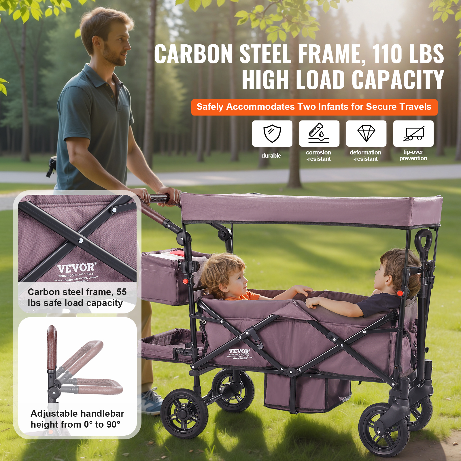 VEVOR Stroller Wagon for 2 Kids Collapsible Toddler Wagon 2 Seat w/ Canopy