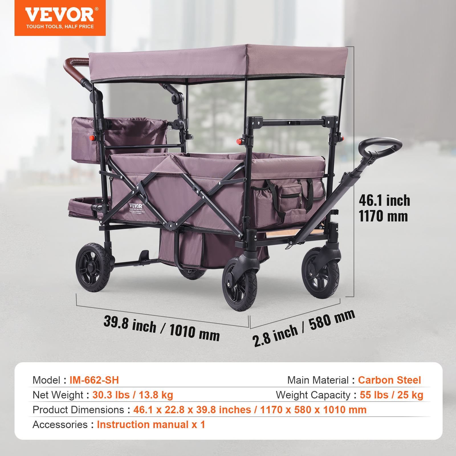 VEVOR Stroller Wagon for 2 Kids Collapsible Toddler Wagon 2 Seat w/ Canopy