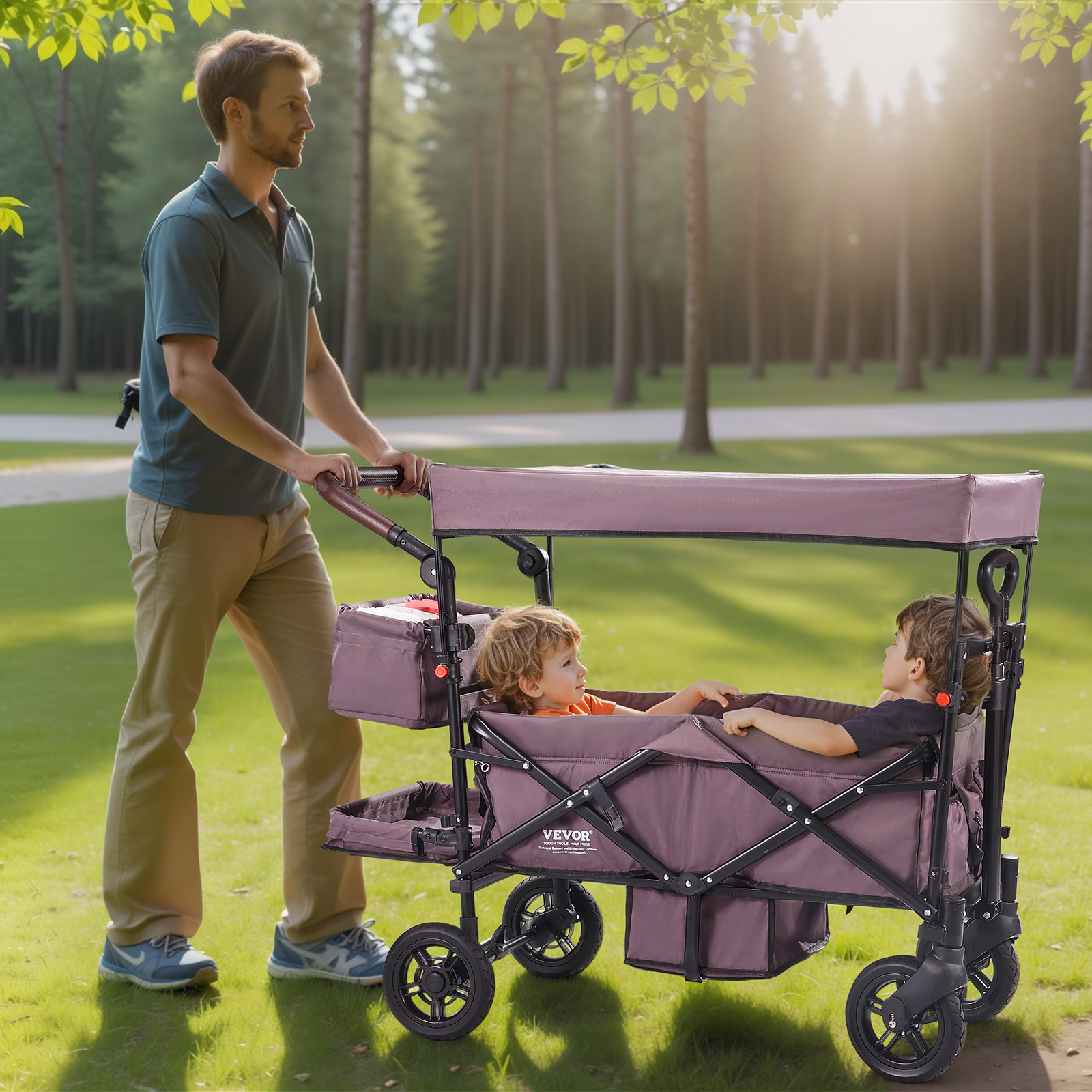 VEVOR Stroller Wagon for 2 Kids Collapsible Toddler Wagon 2 Seat w/ Canopy