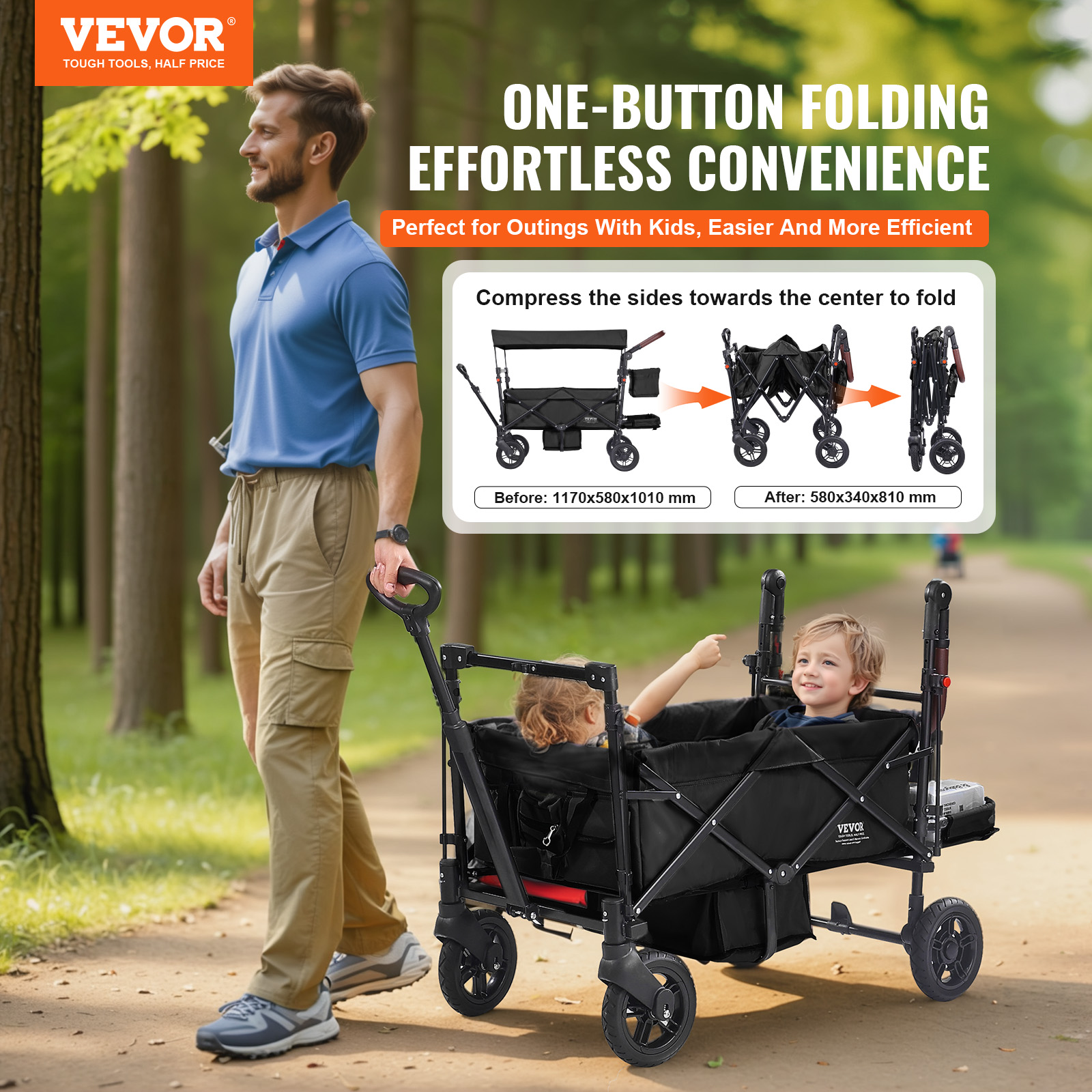 VEVOR Stroller Wagon for 2 Kids Collapsible Toddler Wagon 2 Seat w/ Canopy