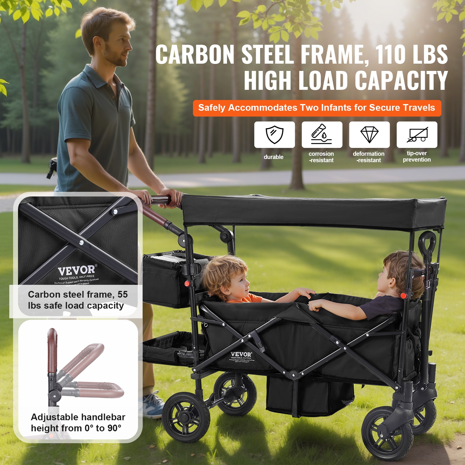 VEVOR Stroller Wagon for 2 Kids Collapsible Toddler Wagon 2 Seat w/ Canopy