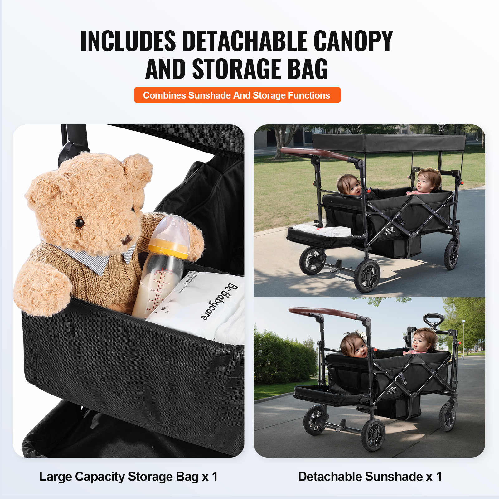 VEVOR Stroller Wagon for 2 Kids Collapsible Toddler Wagon 2 Seat w/ Canopy