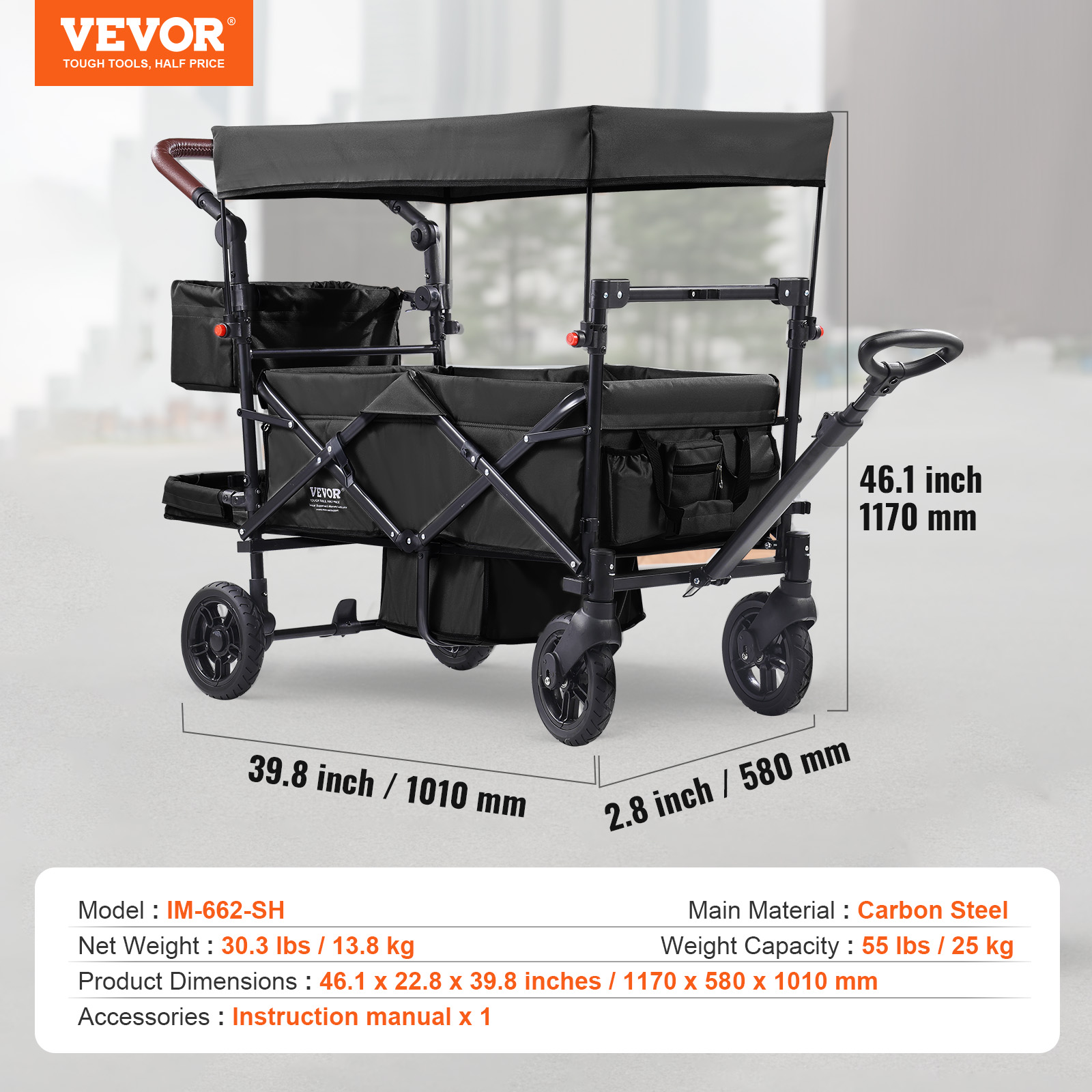 VEVOR Stroller Wagon for 2 Kids Collapsible Toddler Wagon 2 Seat w/ Canopy