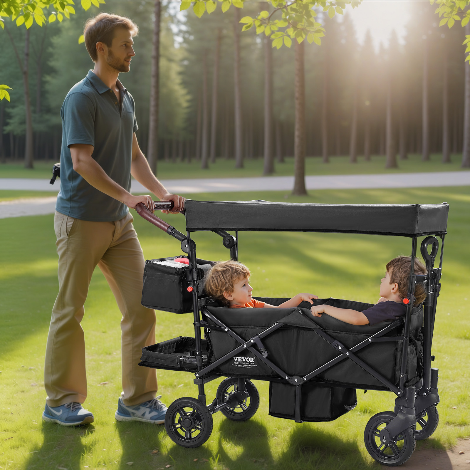 VEVOR Stroller Wagon for 2 Kids Collapsible Toddler Wagon 2 Seat w/ Canopy