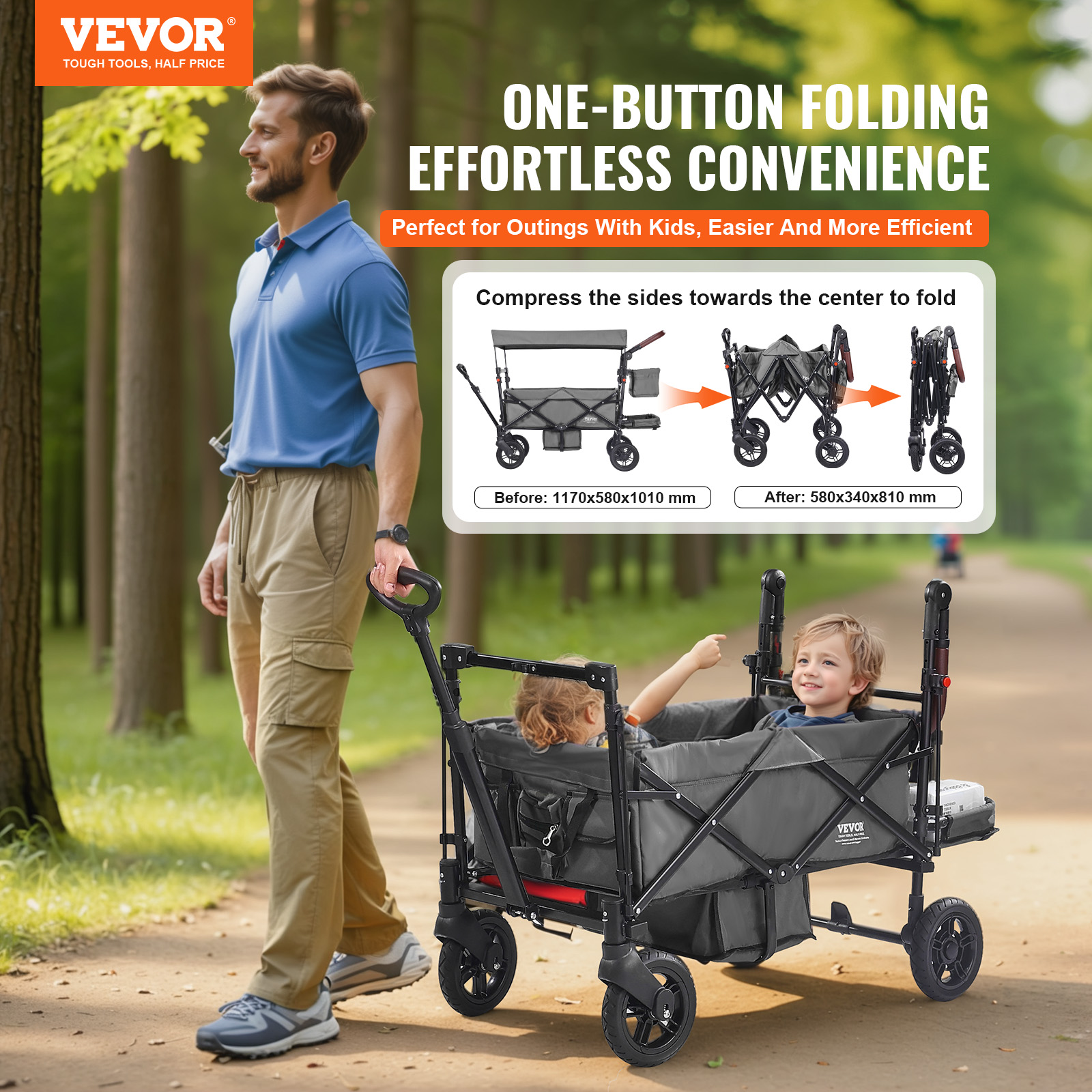 VEVOR Stroller Wagon for 2 Kids Collapsible Toddler Wagon 2 Seat w/ Canopy