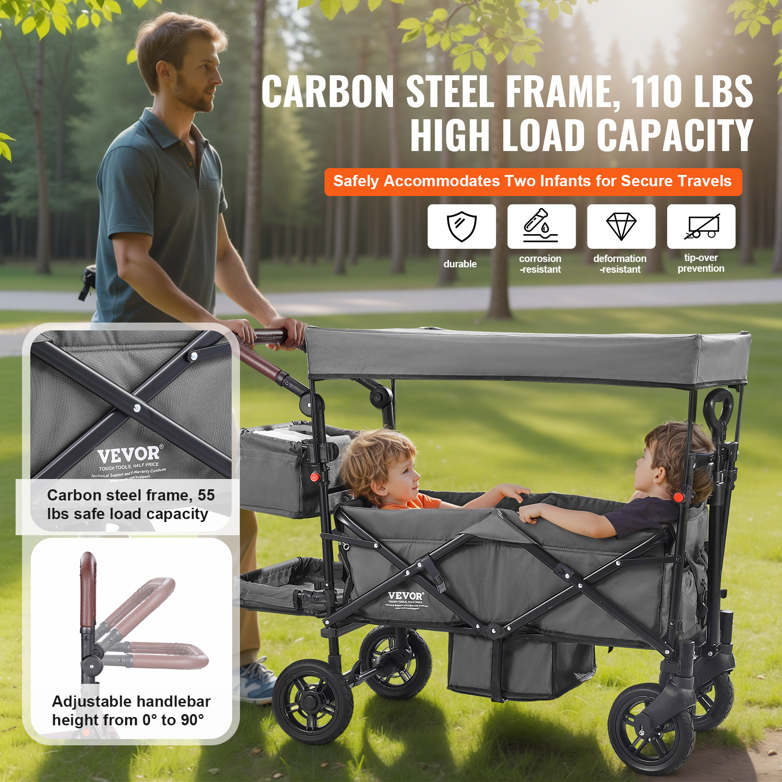 VEVOR Stroller Wagon for 2 Kids Collapsible Toddler Wagon 2 Seat w/ Canopy