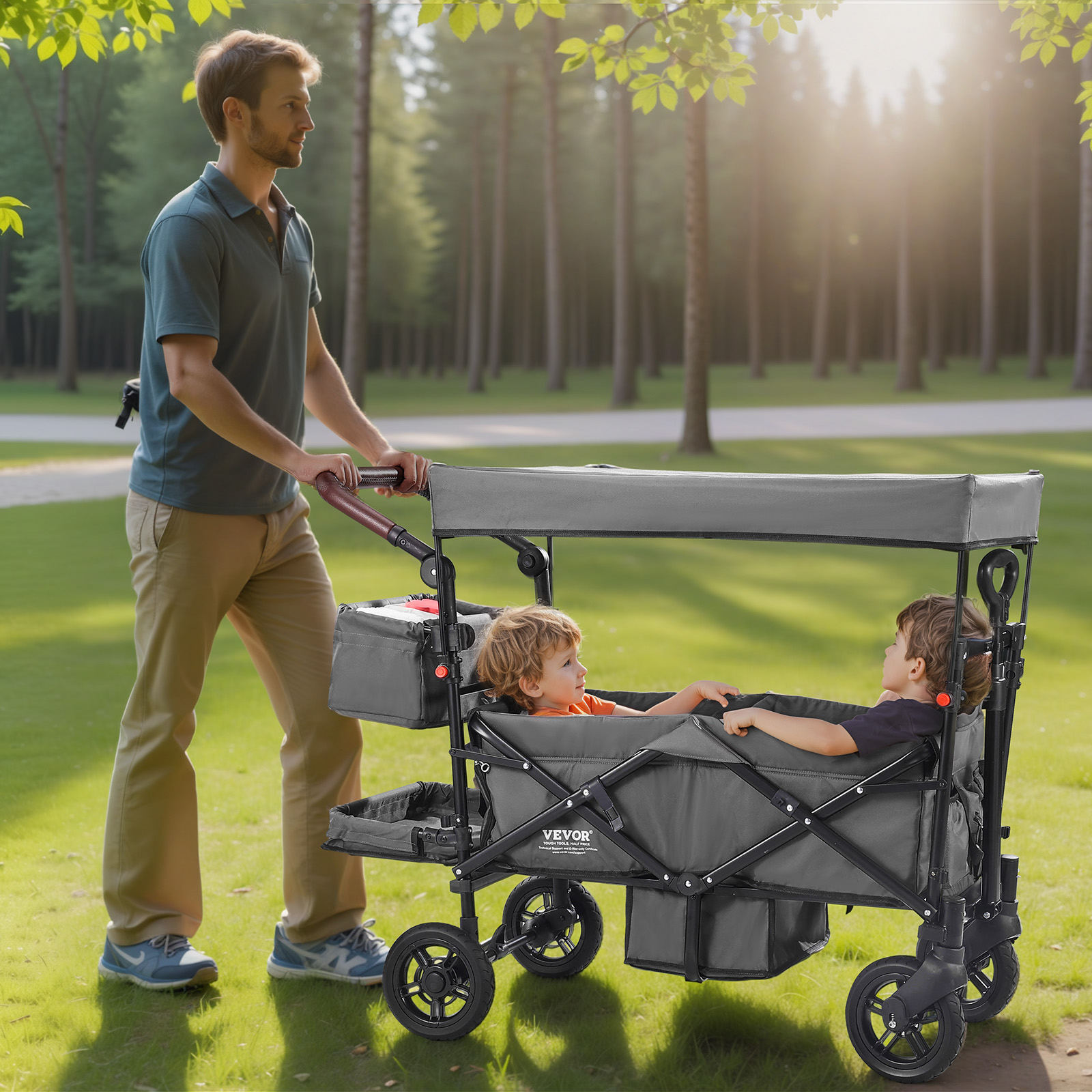 VEVOR Stroller Wagon for 2 Kids Collapsible Toddler Wagon 2 Seat w/ Canopy