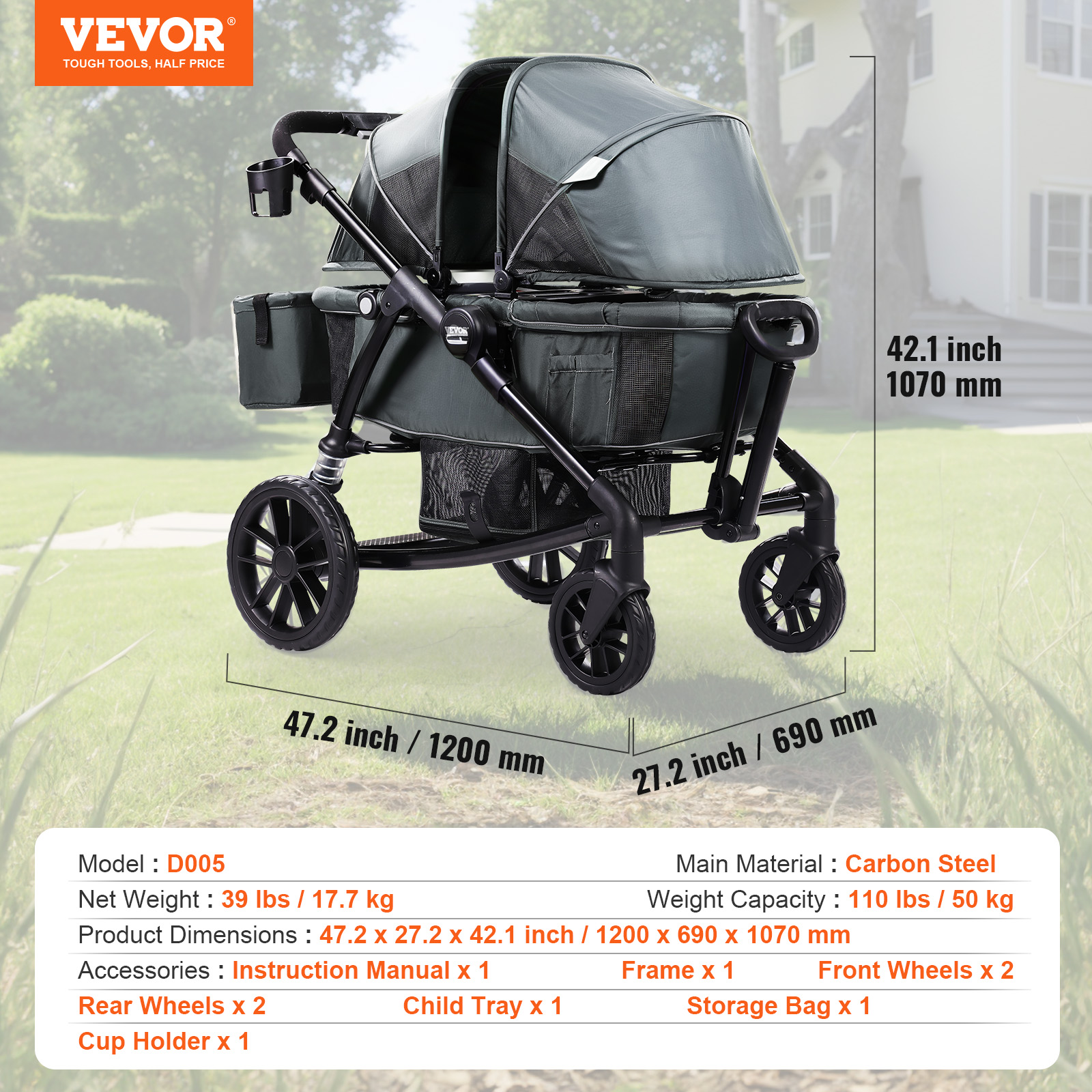 VEVOR Stroller Wagon for 2 Kids Collapsible Toddler Wagon 2 Seat w/ Canopy