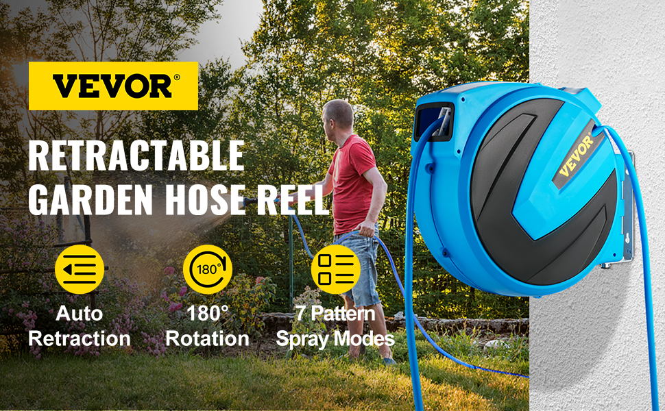 Outdoor 180° Swivel Hose Reel 6.5 ft Water Hose with Reel Automatic Rewind Lock Any Length REDUCTUS Retractable Garden Hose Reel Wall Mount 1/2 x 100 ft 10 Pattern Hose Nozzle 