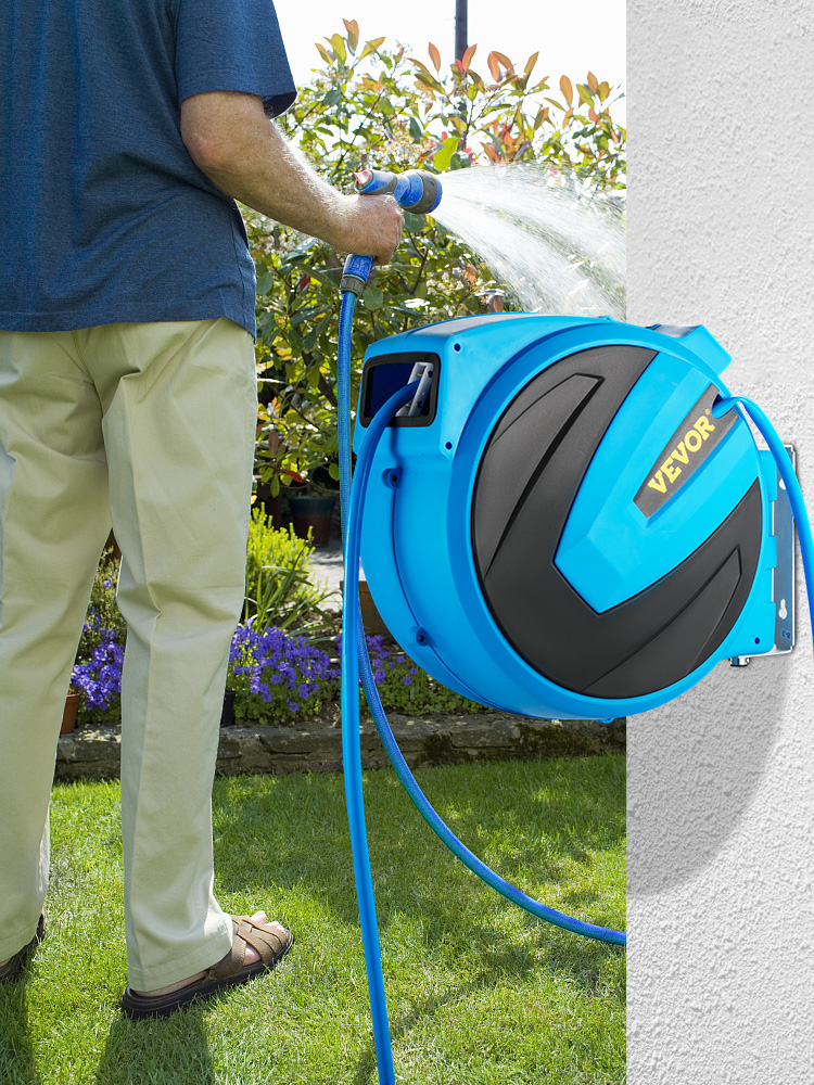 VEVOR Retractable Hose Reel, 65 ft x 5/8 inch, 180° Swivel Bracket  Wall-Mounted, Garden Water Hose Reel with 9-Pattern Nozzle, Automatic  Rewind, Lock at Any Length, and Slow Return System 