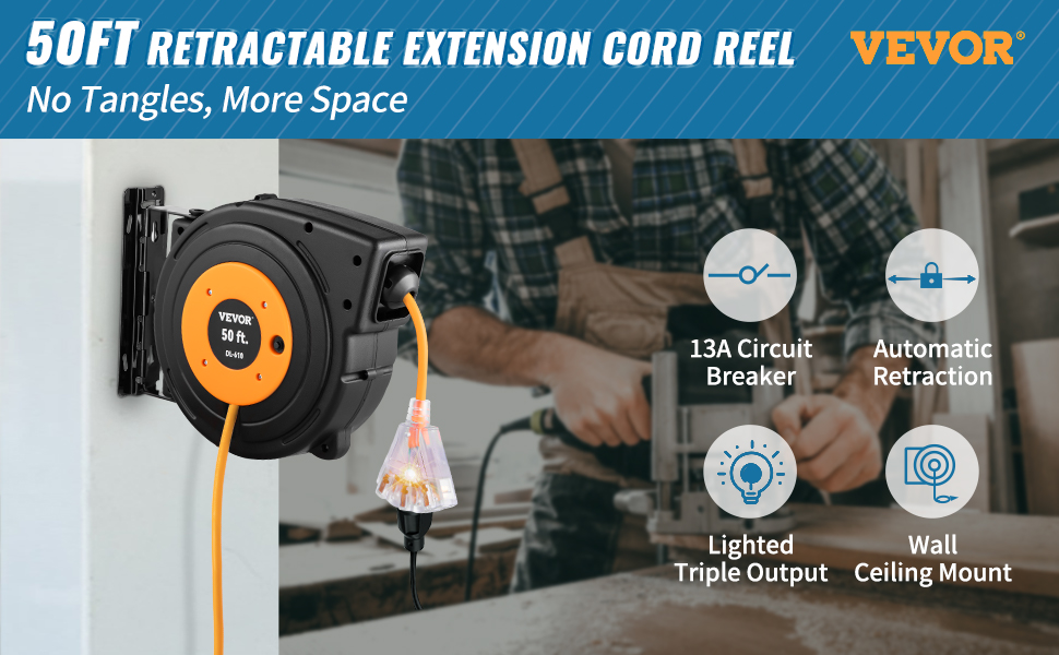 Tuspuzz Retractable Extension Reel, 50 FT Heavy Duty 14AWG/3C SJTOW Power  Cord with Lighted Triple Tap Outlet, 13 Amp Circuit Breaker, 180° Swivel