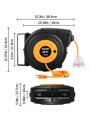 VEVOR Retractable Extension Cord Reel 50+3.2FT, 16/3 SJT Power Cord Reel,  Heavy Duty Electric Cord Reel, Wall/Ceiling Mount Retractable Cord Reel