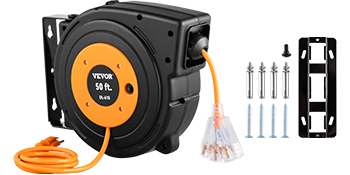 VEVOR Retractable Extension Cord Reel, 65 FT, Heavy Duty 12AWG/3C SJTOW  Power Cord, with Lighted Triple Tap Outlet, 15 Amp Circuit Breaker, 180°