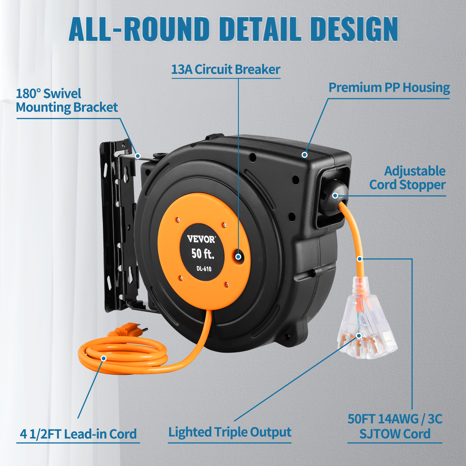 HeavyDuty 50ft Retractable Extension Cord Reel Ceiling Wall Mount