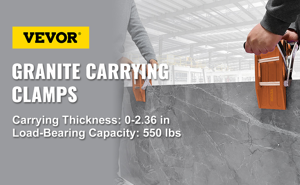 VEVOR granieten draagklemmen voor een granieten plaat, met specificaties: 0-2,36 inch dikte, capaciteit van 550 lbs.