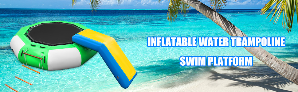 VEVOR Inflatable Water Trampoline 10ft , Round Inflatable Water Bouncer with Yellow Slide and 4-Step Ladder, Water Trampoline in Green and White for Water Sports.