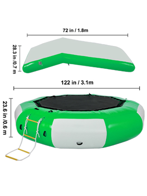 VEVOR Inflatable Water Trampoline 10ft , Round Inflatable Water Bouncer with Yellow Slide and 4-Step Ladder, Water Trampoline in Green and White for Water Sports.